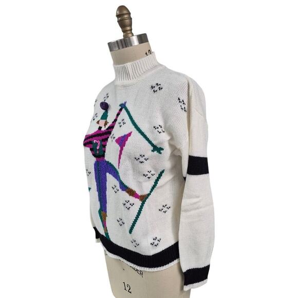 VTG 80s 90s Y2K Spice It Up 100% Acrylic Sweater White Colorful Skier Women L - Picture 3 of 5